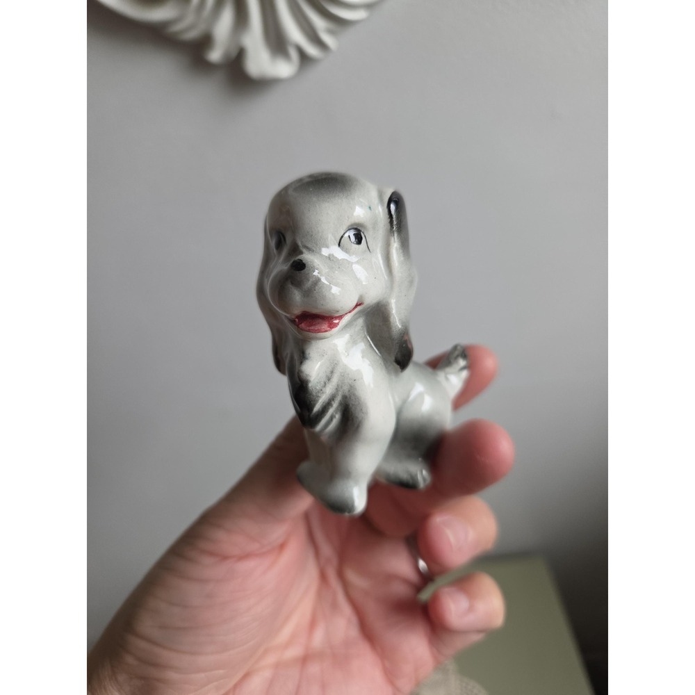 Vintage Made in Japan Ceramic Dog Figurine Gray Puppy MCM Kitsch